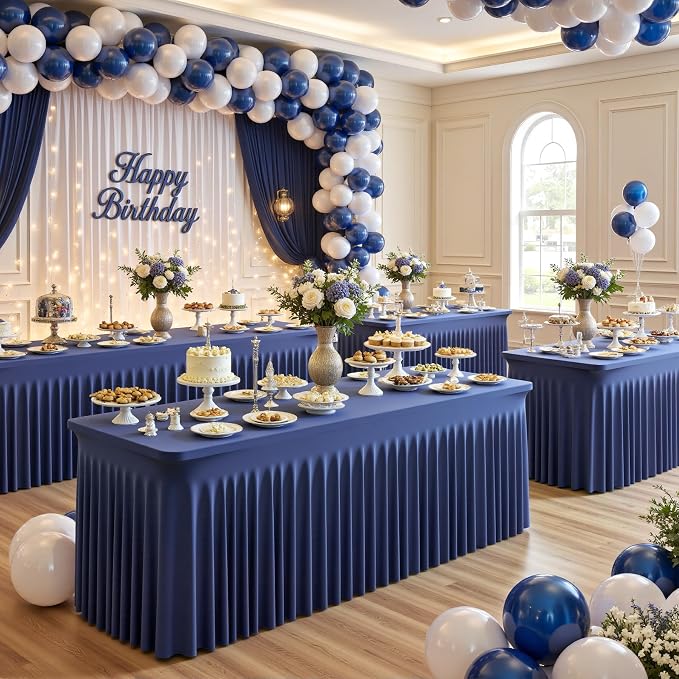 4 Pack Navy Blue Table Cloth for 8 Foot Rectangle Tables Spandex Fitted Tablecloth 8ft Stretch Table Covers Skirt Navy Blue Banquet Tablecloths Wrinkle Free Tablecloth for Party Wedding Birthday Event