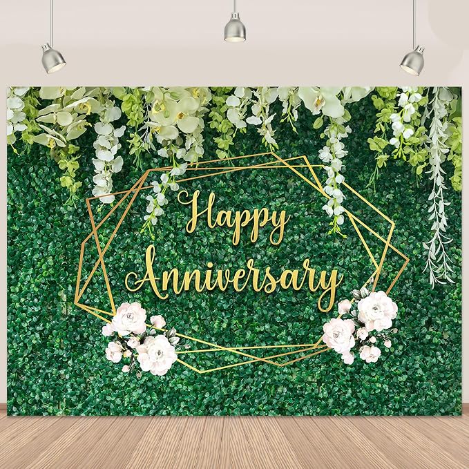 Happy Anniversary Banner Decorations 7x5Ft Green Leaves Wall Happy Anniversary Backdrop Floral Couple Wedding Photography Background Party Decoration Banner