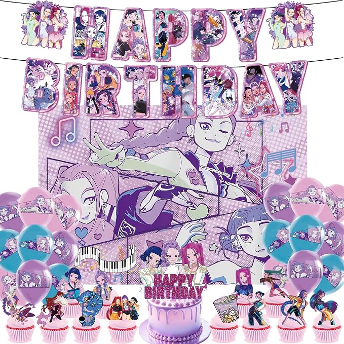 K-Pop Inspired Birthday Decorations Kit for Girls – Birthday Banner, 59 x 39.3 in Backdrop, 18 Balloons,1 Cake Topper & 12 Cupcake Toppers, Music Theme Party Supplies
