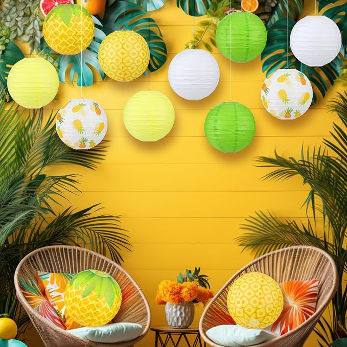 Panelee 12 Pcs Pineapple Party Decorations Hawaiian Party Hanging Supplies 8 Inches Round Paper Lanterns for Tropical Luau Birthday Holiday Bachelorette Decor Supplies