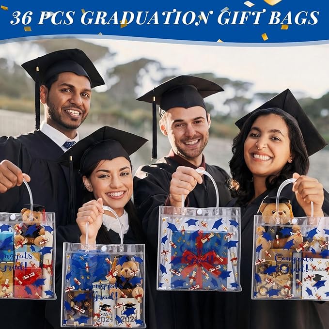 Supervitae 36 Pcs Graduation Gift Bags Bulk Clear Congrats Grad Goodies Bag with Handle Treats Tote for School Class 2026 End of Year Party Supplies, 8 x 8 x 3.15 Inch