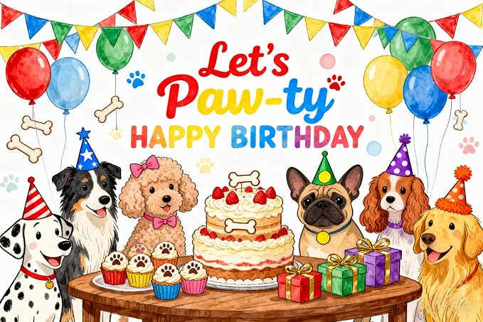 Let's Paw-ty Happy Birthday Themed Backdrops Puppy Dog Birthday Polyester Fabric Party Banner for Puppy Bday Party Photo Booth Birthday Party Decorations 71X44Inch