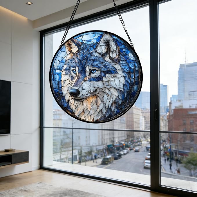 DASTOLL Stained Glass Window Hanging - Funny Wolf Suncatcher Ready to Hang Window Doors Home Decoration and Christmas, Mother's Day Birthday Gifts for Women, Men, and Mom 14.9x14.9 in