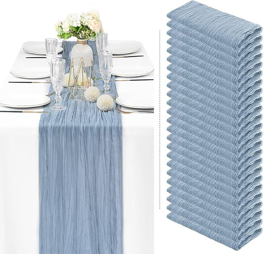 24 Pack Dusty Blue Cheesecloth Table Runner 35x120 Inch Boho Gauze Cheese Cloth Table Runner 10FT Long Rustic Sheer Wedding Table Decor for Wedding Bridal Shower Holiday Party