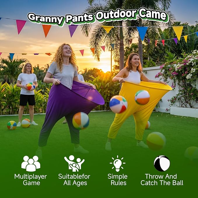 Granny Pants Party Game Set for 8+ Players, 4-Color Team Backyard Yard Games with 16 Bouncy Balls & 2 Pumps – Funny Outdoor Field Day Tossing Games for Adults Kids Family Reunion BBQ Brithday Party