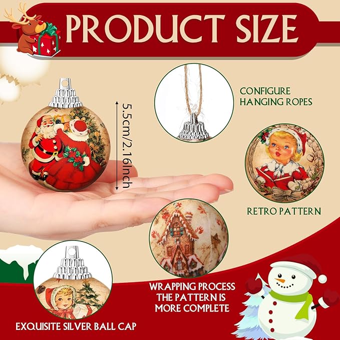 Outus 16 Pcs Christmas Tree Ball Ornaments Vintage Christmas Decorations for Tree Colorful Xmas Decorative Santa Claus Snowman Hanging Ball for Farmhouse Home Fireplace Decor Holiday Party Favors