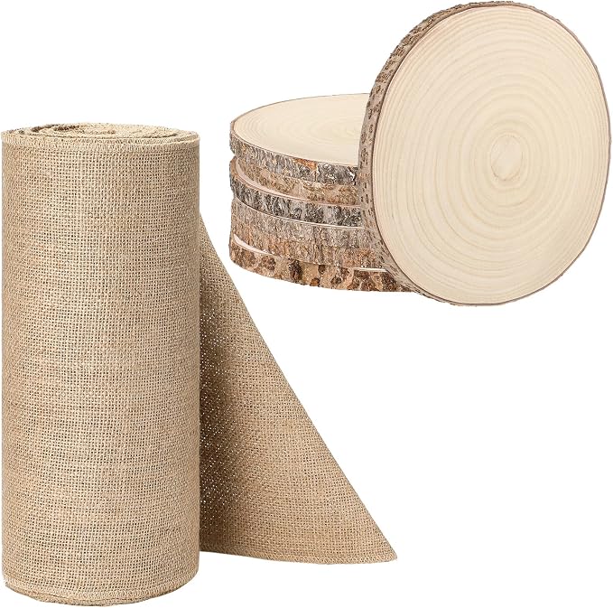 Tioncy Burlap Table Runner Kit Rustic Farmhouse Party, Natural Burlap Table Runner and Wood Centerpieces for Wedding,Christmas, Baby Shower,Birthday, Kitchen Coffee(50ft,6 Pcs)