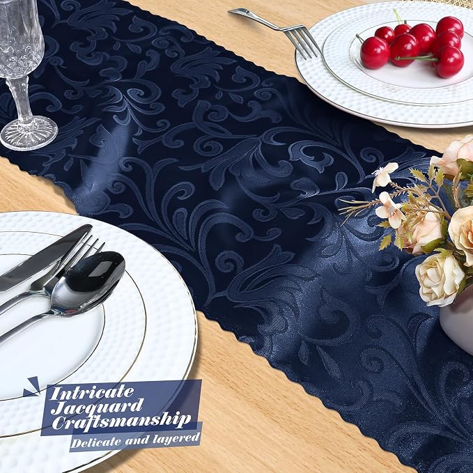MILVOWOC 4 Pack Navy Blue Damask Table Runner, 12 x 72 Inch Satin Jacquard Rectangle Decorative Table Runner for Party Banquet Birthday Dinner Wedding Table Decor
