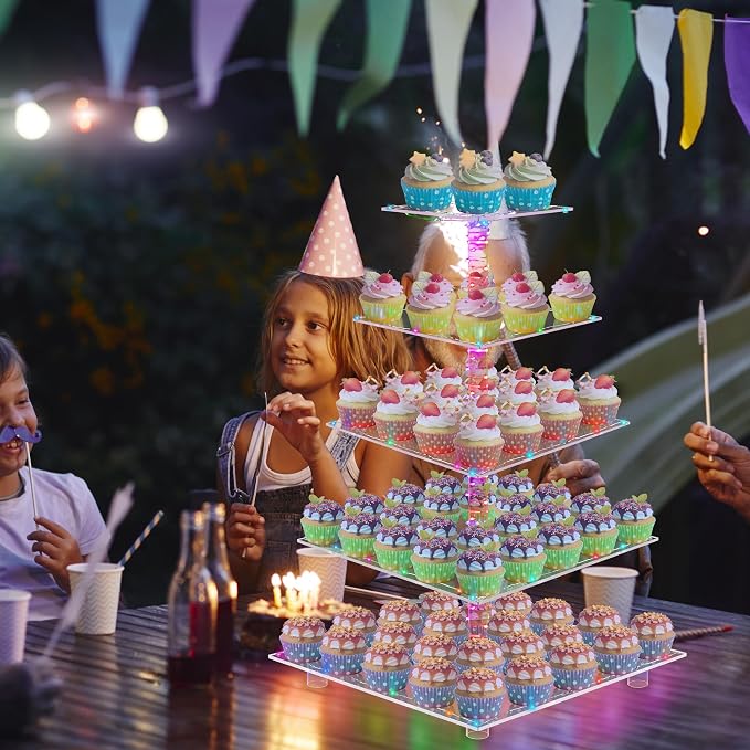 YestBuy Cupcake Stand – 5 Tier Premium Cupcake Holder – Acrylic Cupcake Tower Display – Cady Bar Party Décor – Acrylic Display for Pastry + LED Light String – Ideal for Weddings, Birthday (Colorful)