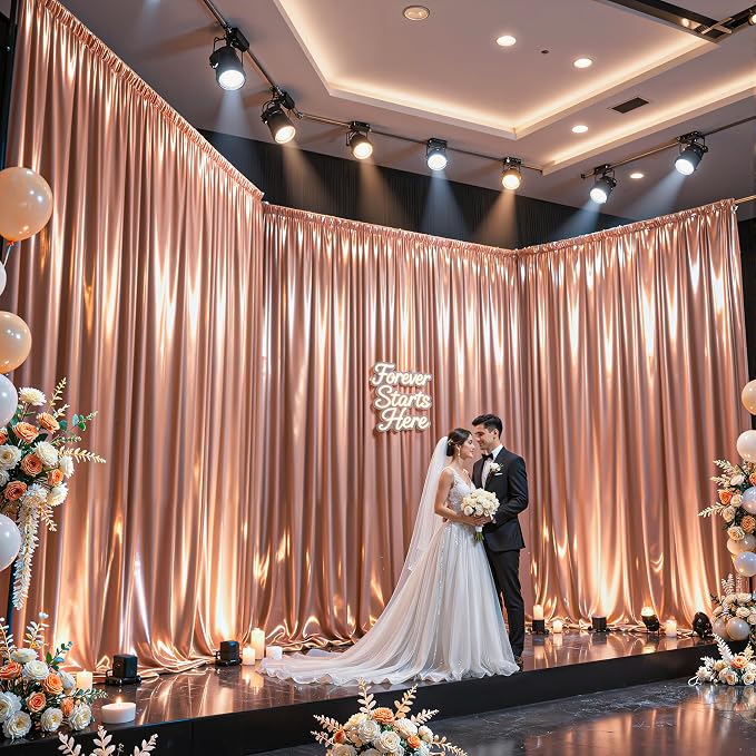 20x10ft Rose Gold Glitter Backdrop Curtain for Parties, Wrinkle Free Satin Photo Backdrop Drapes 4 Panels 5x10FT Shimmer Back Drop Cloth for Wedding Birthday Baby Shower Photography Background Decor