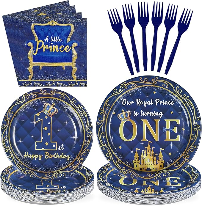 96Pcs Royal Prince 1st Birthday Party Decorations Blue Gold Baby Boy Plates and Napkins Blue Gold Little Prince Tableware Set for Boys 1st Birthday Baby Shower Party Supplies Serves 24