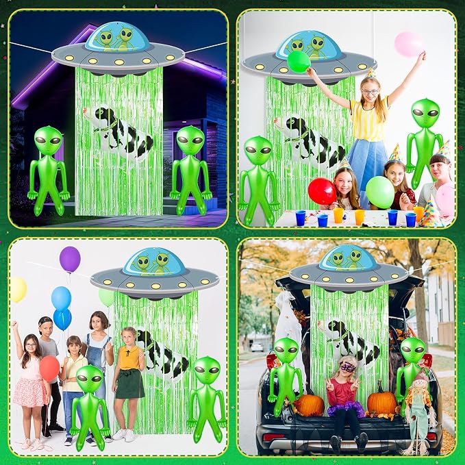 Alien Door Curtains with Tinsel Foil Fringe Curtain Alien Cow Balloon Party Decorations UFO Spacecraft Flying Saucer Spaceship Hanging Banner Backdrop for Birthday Baby Shower Wall Door Decor (Green)