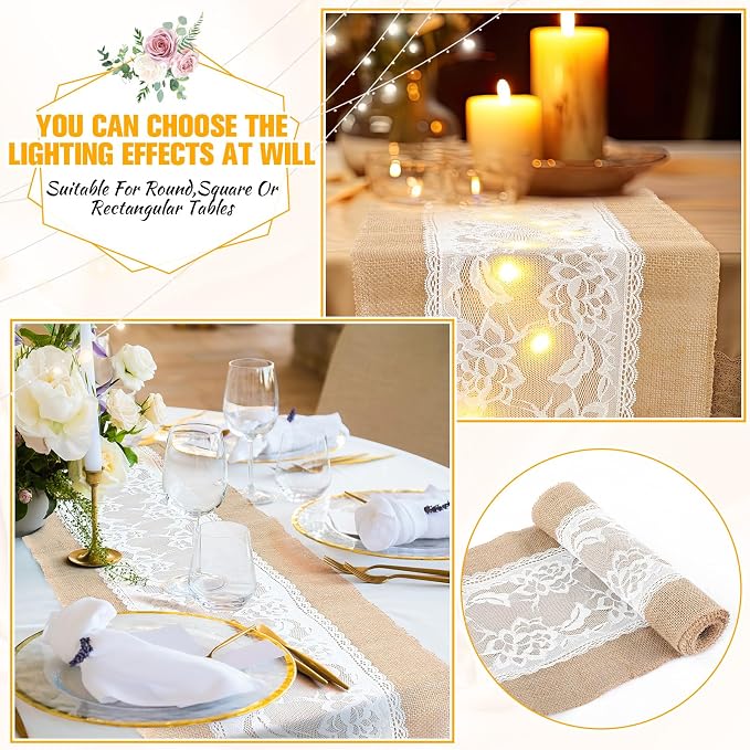Xinnun 6 Pack Burlap Table Runner with Warm LED Lights,Rustic Lace Wedding Table Decor,Boho Farmhouse Jute Runner for Reception Bridal Shower Party(Funny,12x70 Inches)
