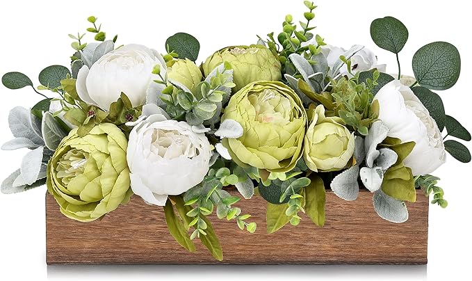 Summer Flower Centerpieces for Table Dining Room Pre-Made Artificial Peony Table Decorations Wood Tray with Fake Flowers for Wedding Living Room Party Bar Kitchen Table(Green White)