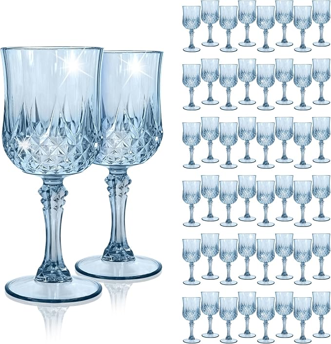 48Pack Blue Plastic Wine Glasses,Vintage Plastic Goblets for Parties, Dusty Blue Drinking Glasses Crystal Water Goblets Reusable for Wedding Reception, Grand Event Party Supplies