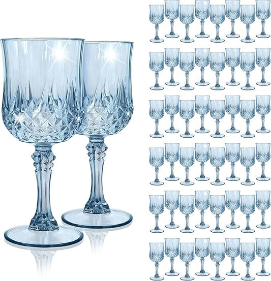 48Pack Blue Plastic Wine Glasses,Vintage Plastic Goblets for Parties, Dusty Blue Drinking Glasses Crystal Water Goblets Reusable for Wedding Reception, Grand Event Party Supplies