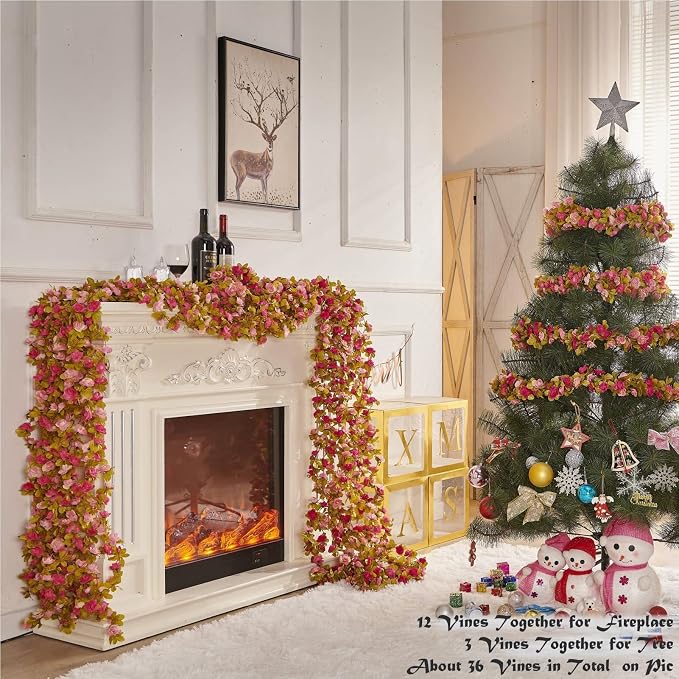 PONKING 6 Pcs x 8.2 ft Flower Garland Artificial Rose Vine Flowers with Green Leaves Hanging Fake Roses Vine for Room Party Home Wedding Birthday Christmas Wall Arch Decor, Fall Purple Flower
