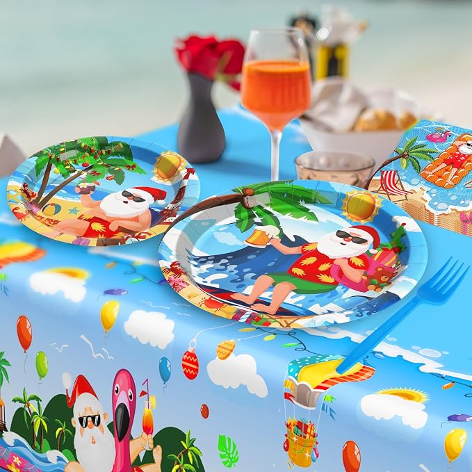 QZYL 122Pcs Summer Christmas Decorations, Tropical Beach Plates Party Supplies, Disposable Xmas in July Plates, Napkins, Cups, Forks and Tablecloth for Beach Pool Party, Serves 30 Guests