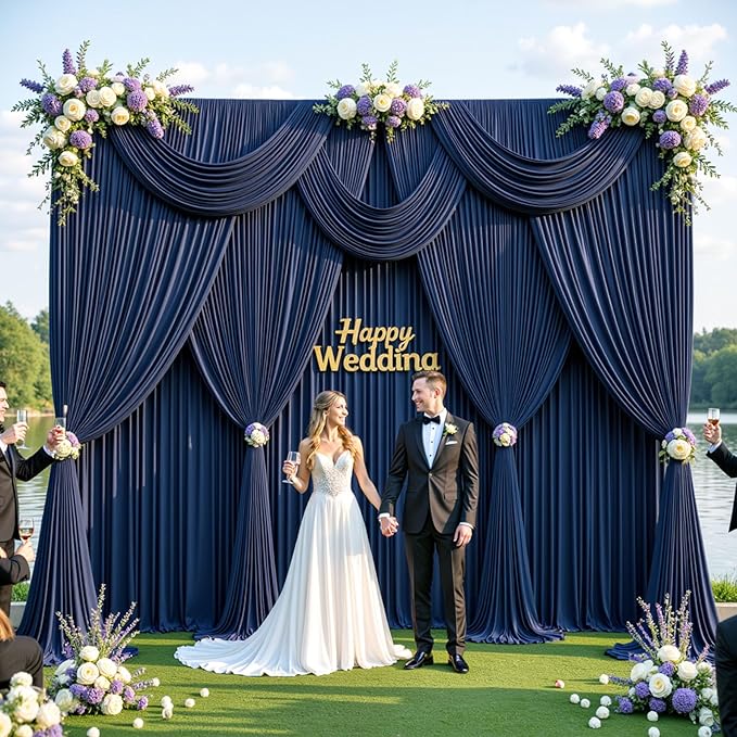 50ftx10ft Wrinkle Free Navy Blue Backdrop Curtains for Parties, 10 Panels 5x10ft Silky Polyester Blue Photo Backdrop Drapes for Weddings Birthday Party Graduation Photography Background Curtains
