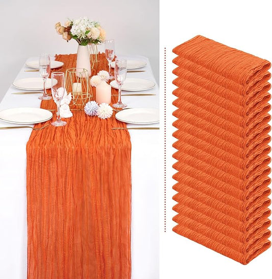 18 Pack Fall Halloween Table Runner 10FT Orange Cheesecloth Table Runner 35 x 120 Inch Long Semi-Sheer Gauze Fabric Boho or Rustic Wedding Table Decor for Bridal Shower Baby Shower Holiday Party
