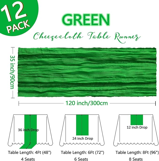 12 Pack Green Cheesecloth Table Runner 10Ft Spring Gauze Cheese Cloth Table Runner 35x120 Inch Boho Sheer Rustic Fabric for Party Decor Wedding Holiday Decorations
