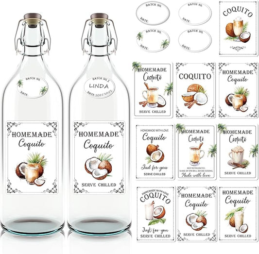COcnny Coquito Wine Bottle Sticker - 30pcs Coquito Labels with 36pcs Batch and Date Tags for Coconut Liqueur Wine Bottle Cover, Handmade Stickers for Christmas Holiday Party Supplies (2.2" x 3")
