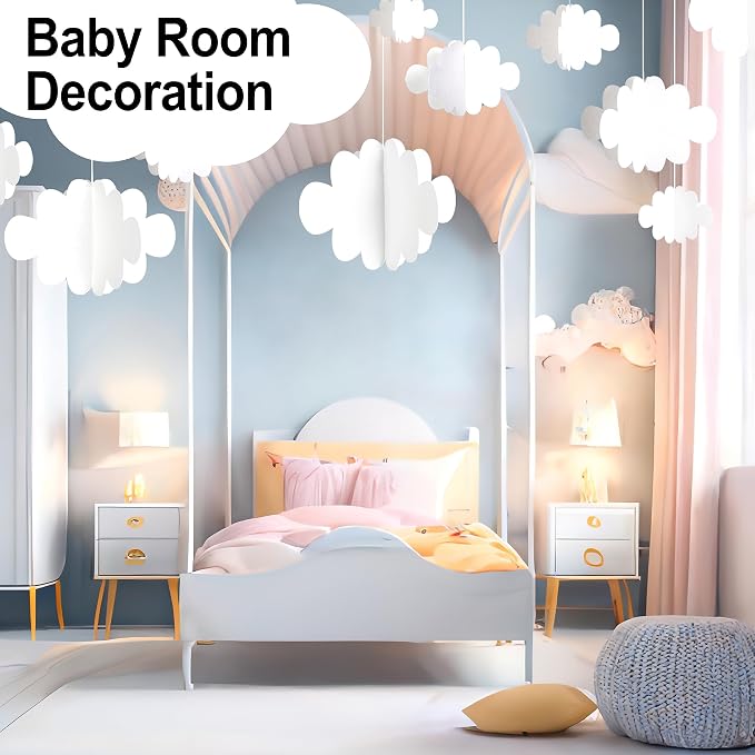 Ayfjovs 18 PCS 3D Cloud Decoration, Artificial Hanging Clouds for Ceiling, White Felt Ornaments for Art Stage, Wedding, Nursery, Children's Room, Baby Baptism Party