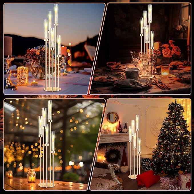 Tandefio 8 Sets Acrylic Candelabra Centerpieces 42.5" Tall Clear Candle Holders Pillar Taper Candlestick with Lampshades 5 Arm Floor Candelabra Stand for Wedding Christmas Ceremony Dinner Party