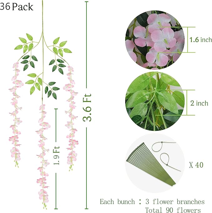 BLEUM CADE 36Pcs Pink Fake Wisteria Hanging Flowers, 3.6Ft/Pcs Artificial Wisteria Garland, Hanging Flowers for Wedding Party Home Backdrop Wall Decoration