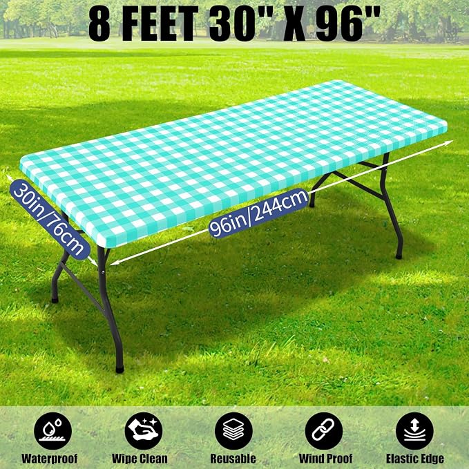 Smiry Picnic Table Cloth 4 Pack, Waterproof Elastic Fitted Tablecloths for 8FT Rectangle Tables, Washable Polyester Buffalo Plaid Tablecloth for Camping, Dining & Outdoor (Teal & White, 30" x 96")