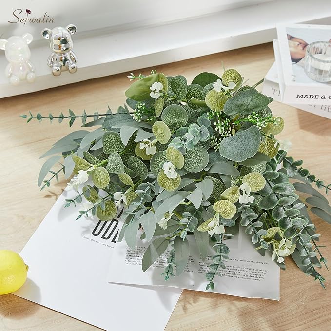 Serwalin 400pcs Artificial Mixed Eucalyptus Stems Leaves Bulk, 4Kinds Fake Greenery Silver Dollar Eucalyptus Leaves Picks,Faux Greenry Stems Sprays for DIY Bouquets Floral Arrangement Home Decor