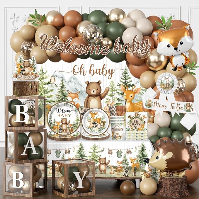 Woodland Baby Shower Decorations, 265 PCS Woodland Animals Baby Shower Party Supplies with Balloon Garland, Backdrop, Tableware, Balloon Boxes & Mom to Be Sash, Gender Neutral Forest Theme