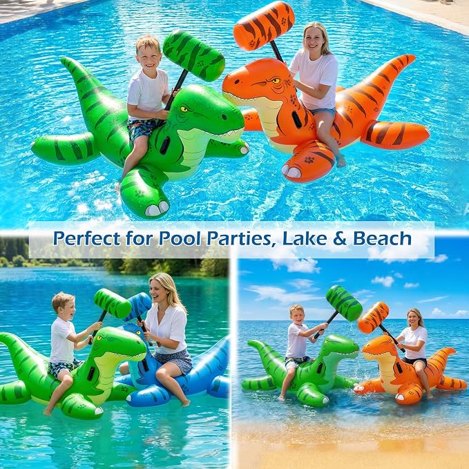 Jasonwell Pool Games Toys Floats -2Pack Inflatable Dinosaur Pool Floats with Blow Up Toy Hammers Ride on Pool Floaties for Kids Teens Adults Lounge Raft Summer Lake Beach Party Decorations