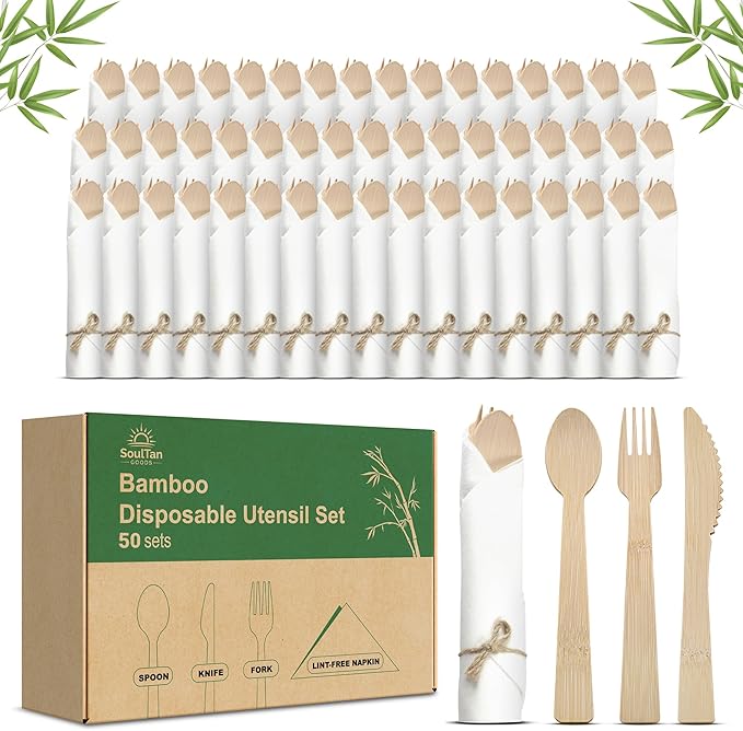 Prerolled Disposable Bamboo Cutlery Set – 50 Pack Pre Wrapped Silverware and Napkin Bundle with Forks, Knives, Spoons for Parties, Weddings, Events, and BBQ (Natural - Beige String)