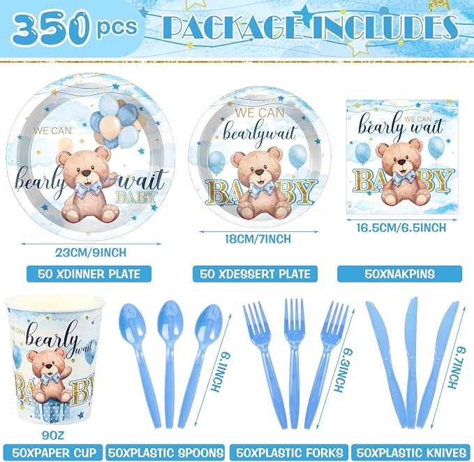 Dandat 350 Pcs Baby Shower Plates Set Baby Shower Party Supplies Serves 50 Tableware Sets Include Plates Napkin Cup Forks Knives Spoons Disposable Dinnerware(Bear,Blue)