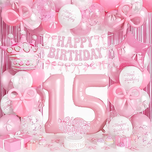 15th Pink Bow Birthday Decorations for Girls, Coquette Party Decor Include 40 Inch Foil Number 15 Crown Star Balloon Double Stuffed Balloon Pink Bows Cake Topper Happy Birthday Banner Fringe Curtain