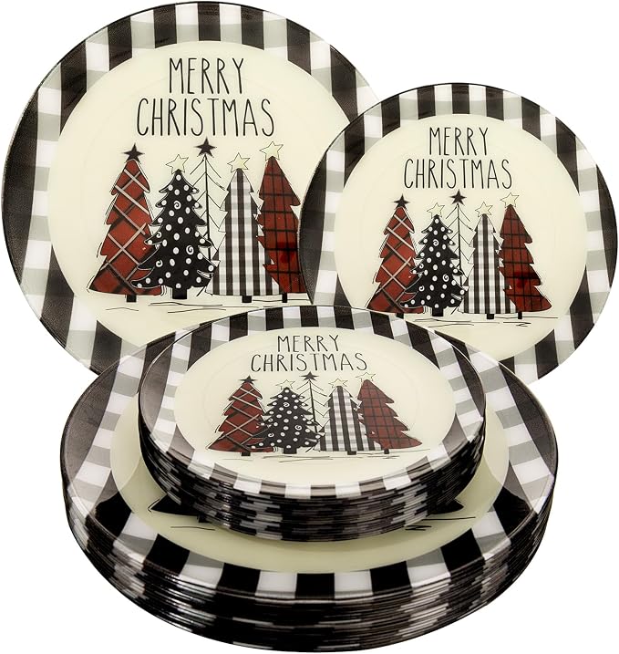 WDF 24Pack Christmas Plastic Plates - Heavy Duty Christmas Tree Plates - Disposable Checkered Plate Ideal for Party