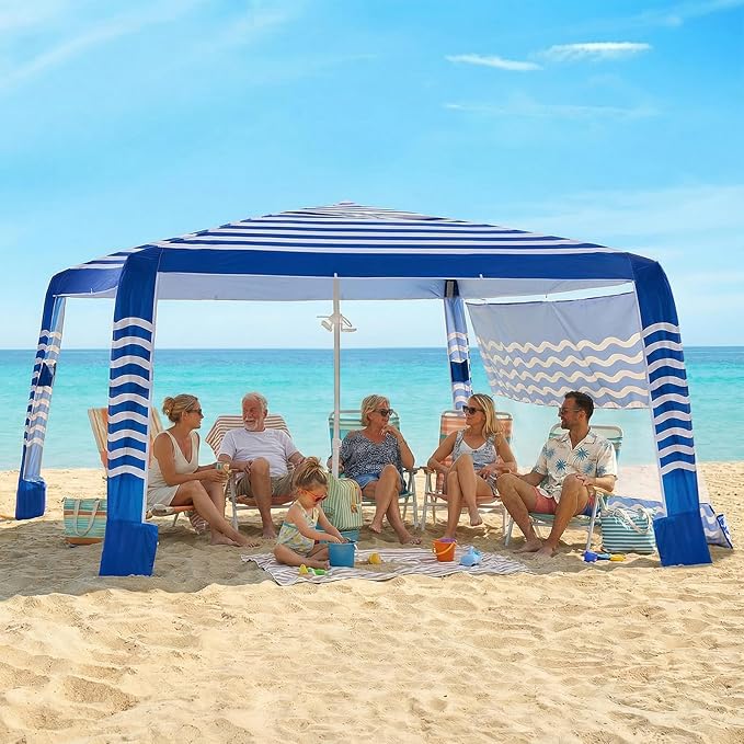 Zeraty Beach Cabana 8'×8', Portable Beach Canopy with Side Wall, UPF 50+ Silver-Coated Beach Tent Sun Shelter Easy Pop Up, Wind Resistant Adjustable Height Beach Umbrella Tent for Family, Navy Blue