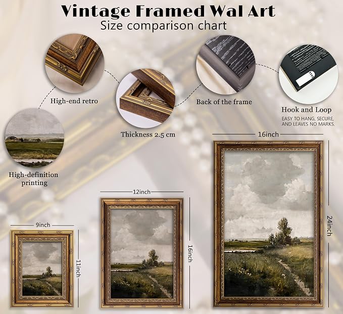Vintage Gold Framed Rustic Landscape Wall Art Nature Landscape Canvas Wall Decor Cottagecore Poster Artwork Picture for Home Living Bedroom Farmhouse Hallway