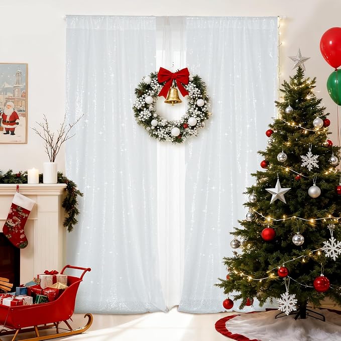 PartyDelight White Sequin Backdrop Curtains 2x8ft 2 Panels | 3mm stitched sequin curtain with 4 inch rod pocket for 2x8ft 2 panel doorway window side drape narrow photo booth strip