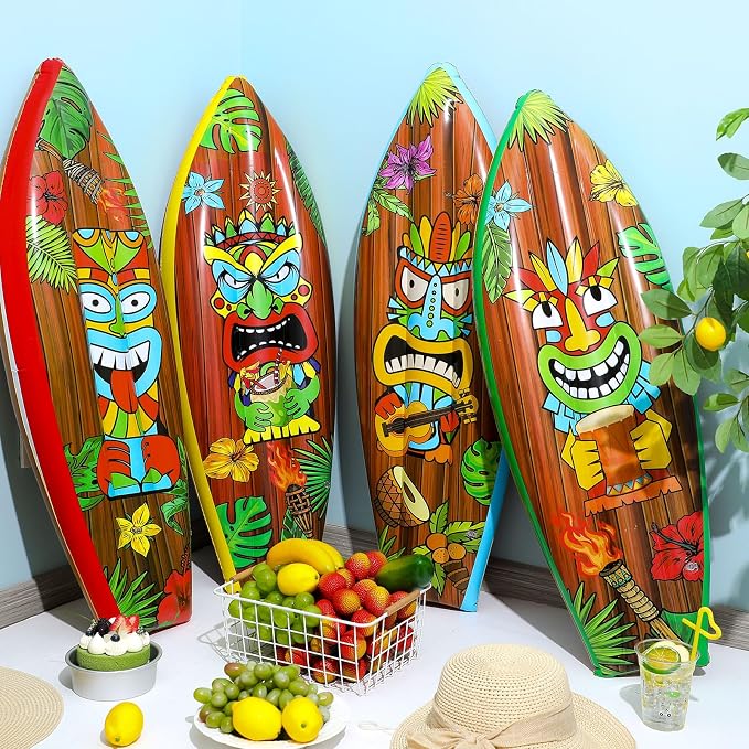 JellyArch 4 Pcs Tiki Inflatable Surf Board 36 Inch Tiki Party Decorations Blow up Surfboard Bar Decorations Inflatable Pool Floats for Hawaiian Luau Tropical Beach Party Supplies Outdoor Decor