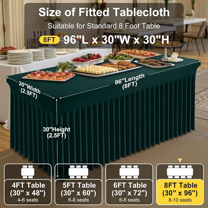 Smiry Spandex Tablecloth 2 Pack, Elastic Fitted Stretch Tablecloth for 8FT Rectangle Tables, Waterproof Washable Table Cover Skirt for Wedding, Banquet & Parties (Hunter Green, 96Lx30Wx30H Inch)