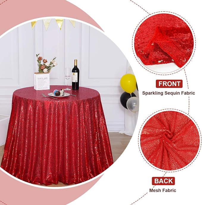 Poise3EHome 90 Inch Round Red Sequin Tablecloth for Party Cake Dessert Table Exhibition Events