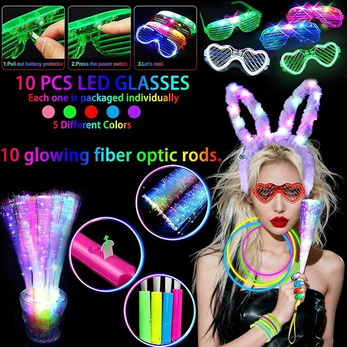 186 PCS Glow in the Dark Party Supplies,16 Foam Sticks,10 Glow Fiber Wands, 10 LED Glasses, 10 Glowing Rabbit Ears,100 Glow Sticks and 40 Finger Lights for Neon Party Birthday Carnivals Halloween