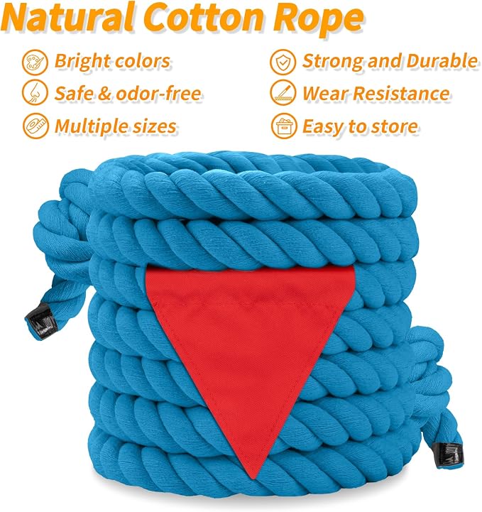 Tug of War Rope for Kids & Adults - 100ft Soft Cotton Outdoor Pulling Rope with Flag for Team Building Activities Field Day Family Reunions Birthday Parties Camping Games- Blue