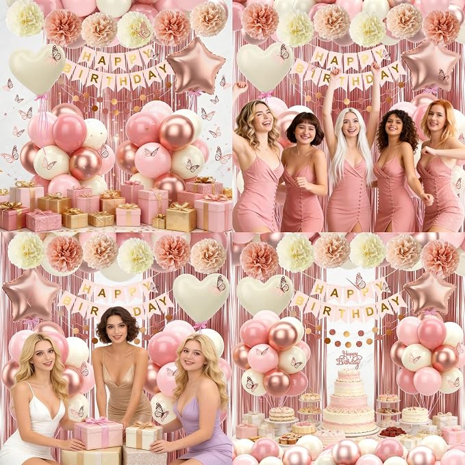 Dusty Pink Birthday Decorations Rose Gold Pink Beige Balloons Happy Birthday Banner Cake Topper Fringe Curtain Paper Pom Poms Butterfly Sticker Blush White Cream Heart Star Foil Party Girls Women