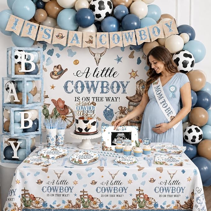 Cowboy Baby Shower Party Decorations for Boy A Little Cowboy is on the Way Disposable Paper Plates,Balloons Arch,Napkin,Cake Topper,Backdrop,Tablecloth,Banner for Wild West Baby Shower Party Supplies