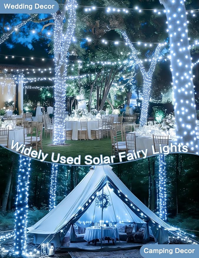 Solar String Lights Outdoor, 2 Pack 144FT 400 LED Solar Twinkle Lights for Outside Waterproof, Copper Wire with 8 Lighting Modes Fairy Lights for Garden Tree Birthday Xmas Patio Decor(Cool White)