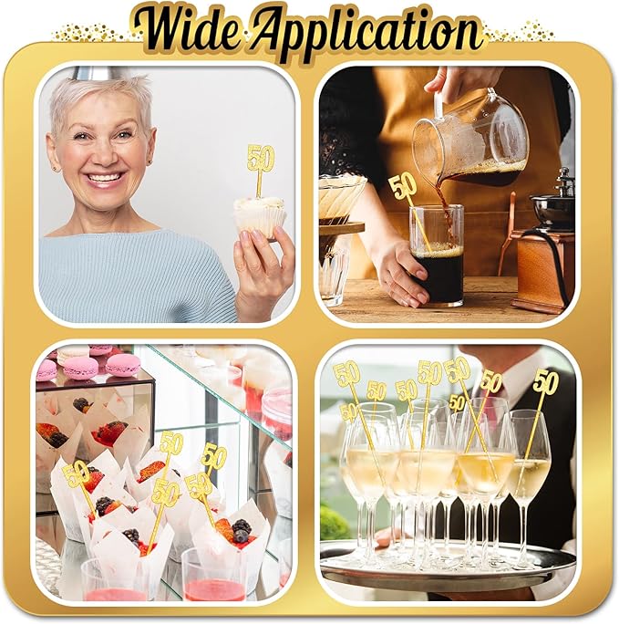 Reallnaive 100 Pcs 50th Birthday Drink Stirrers Gold Glitter Cocktail Stirrers Plastic Swizzle Sticks 7.5 Inch Fall Birthday Cupcake Toppers Sticks Bulk for Coffee Bar Cake Pops Christmas Party Favor