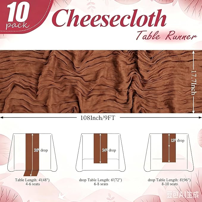 10 Pack Brown Cheesecloth Table Runner 17"x108" Boho Gauze Fabric Table Runner Vintage Rustic Sheer Runners for Wedding Party Bridal Baby Shower Table Decorations